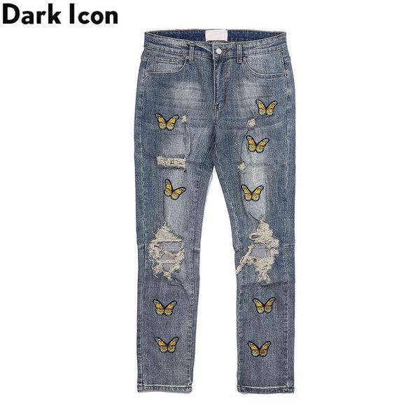 

butterfly embroidery jeans men high street men's denim pants 210603, Blue