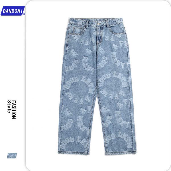 

men's dbn # pants high street fashion brand jeans casual loose hiphop american straight print, Blue