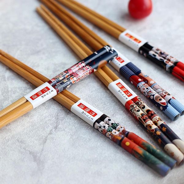 

chopsticks 5 pairs lucky cat bamboo ecological handmade wood wooden sushi japanese style natural