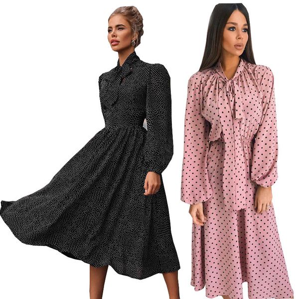 

charming dresses 2021 scarf collar women's long sleeve round dot, Black;gray