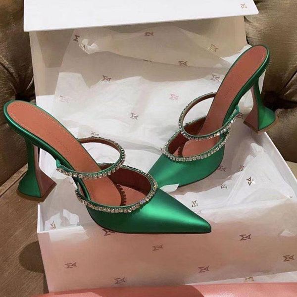 

dress shoes blue green women pumps silk satin pointed toe rhinestoe strange heels slip on mules fashoin slipper sandal big size, Black