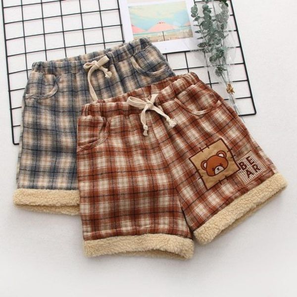 

women's shorts kawaii winter warm girl cute bear women wool japanese style vintage red plaid cartoon fluffy woollen bottom, White;black