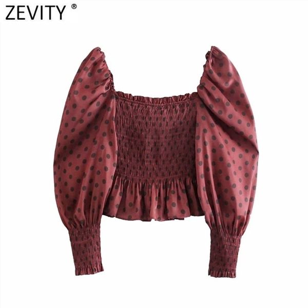 

women vintage square collar polka dots print short smock blouse female chic elastic ruffles slim shirt blusas ls9018 210420, White