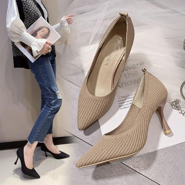 

dress shoes fashion black high heels 2021 shallow mouth women's professional work pointed toe stiletto knitted single