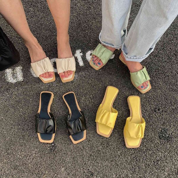 

slippers open toe women flats heeled solid color black/beige/yellow/green ladies slides outdoor sandals casual beach shoes 35-39 y