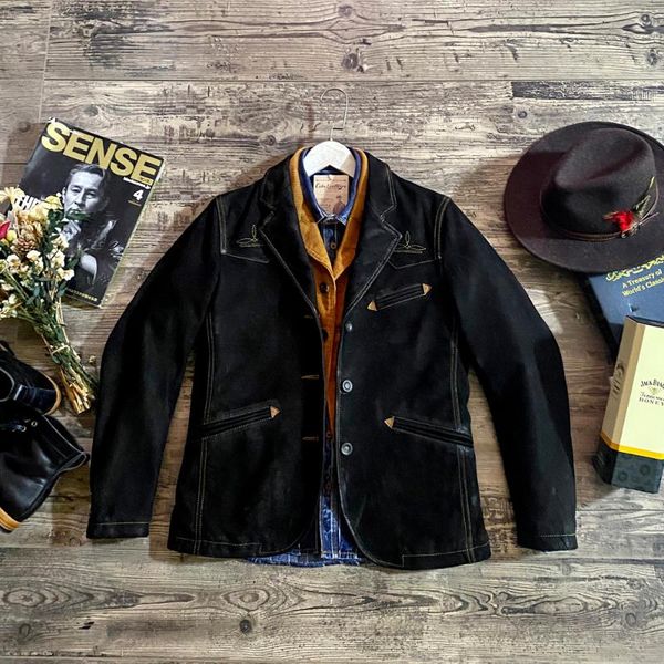 

men's leather & faux wax feeling sheep skin suit american western style restoring ancient ways coat, Black