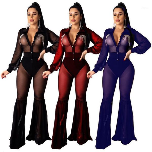 

wholesale women clothing mesh big flared jumpsuit can private custom label if and only meet our minimum requirement1, Black;white