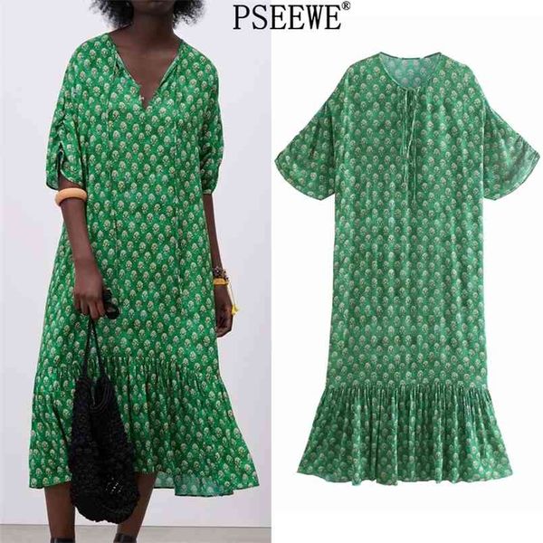 

woman dresses green floral print midi summer dress women vintage short sleeve ruched ruffle casual long 210519, Black;gray