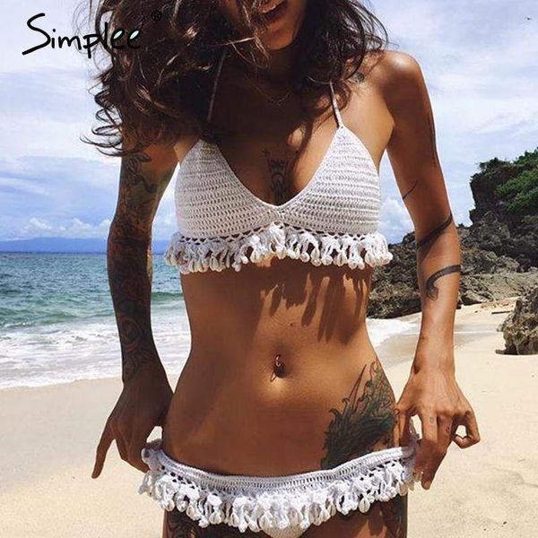

bikinis set simplee handmade crochet beach bikini 2021 halter string swimsuit female hollow out swimwear women bathing suit biquini