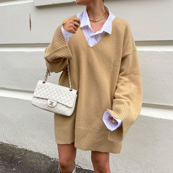 

v neck knitted oversized mini dress sweater women khaki 2021 long sleeve loose autumn winter fashion casual dresses, Black;white