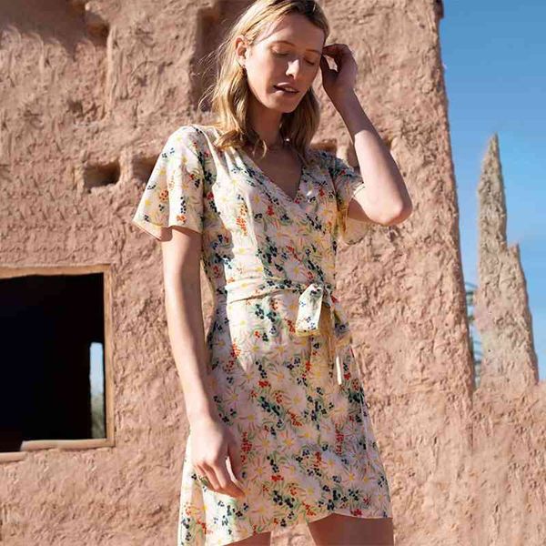 

casual dresses floral print women short sleeve v neck high waist belt elegant spring flower a line chic retro mini robes p26l, Black;gray
