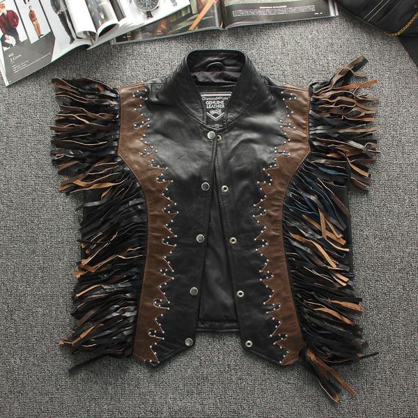 

men's vests 2021 black short motorcycle style genuine leather vest men real natural sheepskin summer slim fit rivet biker coat, Black;white