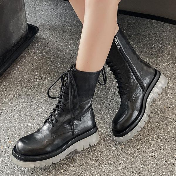 

boots handmade genuine leather chunky jelly sole lace up women short platform cross tied round toe ladies ankle, Black