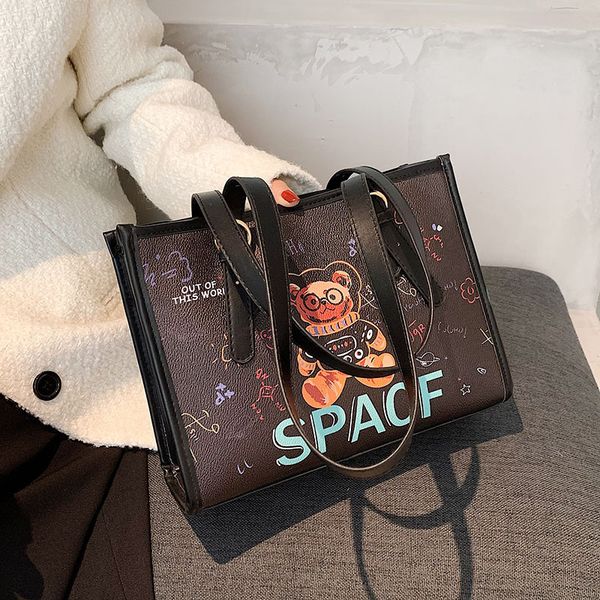 

women's bag bag pu shoulder large capacity graffiti printing small square simple fashion contrast color tote
