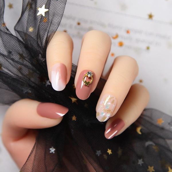 

24pcs detachable bean paste powder dye gold foil potherapy round head nails mid-length wearable fake nail tools false, Red;gold