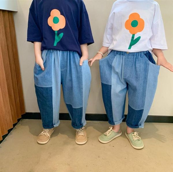 

style girls boys denim patchwork pants summer fashion kids flare jeans, Blue