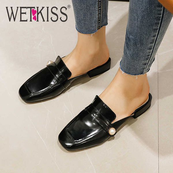

wetkiss summer women slippers flat low heel slip on slides pearl mules square toe women casual shoes outdoor slippers 210630, Black