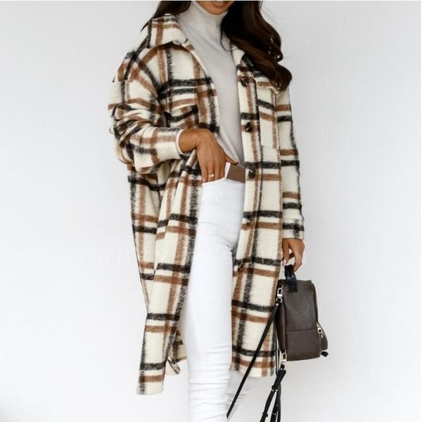 

women's wool & blends brown women winter checked jacket overcoat warm plaid long coat oversize thick woolen vintage 2021 streetwear, Black