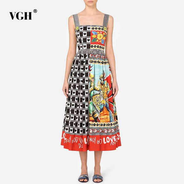 

vgh vintage hit color print dress for women square collar sleeveless high waist bohemian midi dresses female summer fashion 210421, Black;gray