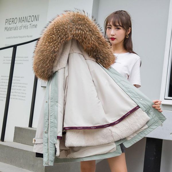 

women's fur & faux hair detachable coat raccoon dog overcome winter collar medium length for women, Black