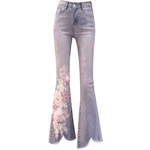 

women's jeans plus size 26-32high waist women 2021 summer fashion embroidery flower beading skinny falre pants, Blue
