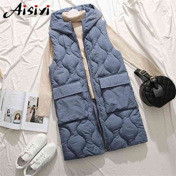 

autumn and winter long paragraph over the knee hooded cotton vest female slim sleeveless down womens vests outerwear 210909, Black;white
