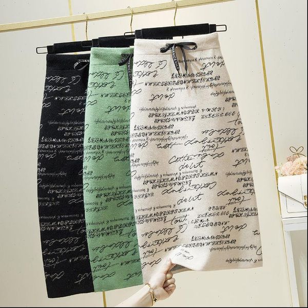 

imitation rabbit fur core spun womens skirt yarn autumn and winter midi letter print knit high waist package hip jupe, Black