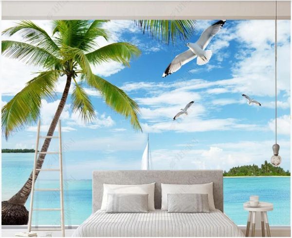 

3d po wallpaper custom mural blue sky and white clouds sea view coconut tree home decor living room for walls 3 d wallpapers