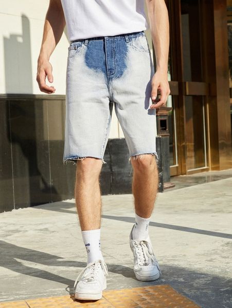 

men colorblock raw hem denim shorts z1ro#, Blue