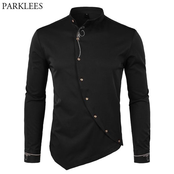 

men's hipster oblique button down embroidery dress shirt slim fit long sleeve shirt men casual business wedding camisas 210522, White;black