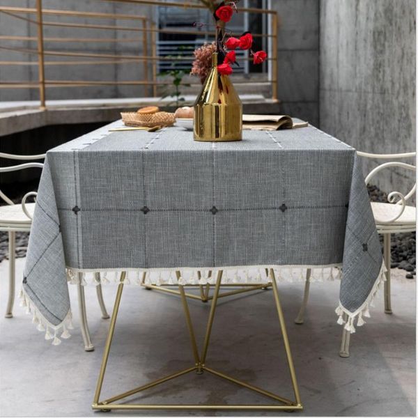 

table cloth cross-border japanese style cotton and linen embroidered tassel fabric lattice tea