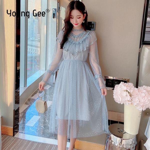 

young gee women lace ruffles dresses elegant spring summer party high waist beading tassel tutu midi slim fairy dress vestidos, Black;gray