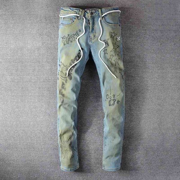 

fashion jeans street printed men's used washed ow hip hop pants, Blue