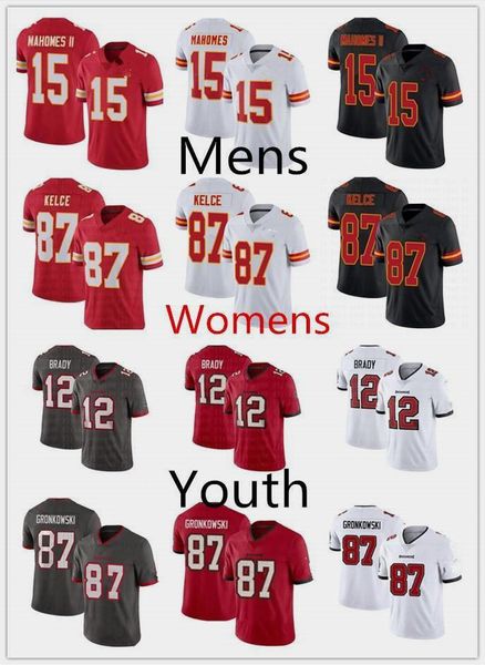 

2021 mens womens youth football jerseys 15 patrick mahomes 87 travis kelce 12 tom brady 87 rob gronkowski, Black;red