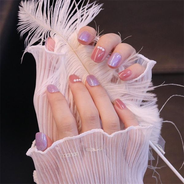 

false nails 24pcs full set 3d pearl rhinestone glitter catseye opal crystal pink fingernail mixed short square press on fake sxy-14, Red;gold