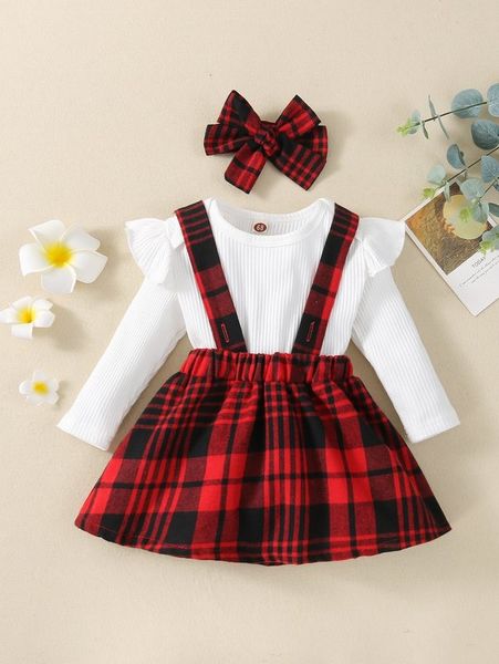 

baby ruffle trim bodysuit & plaid pinafore skirt & headband she, White
