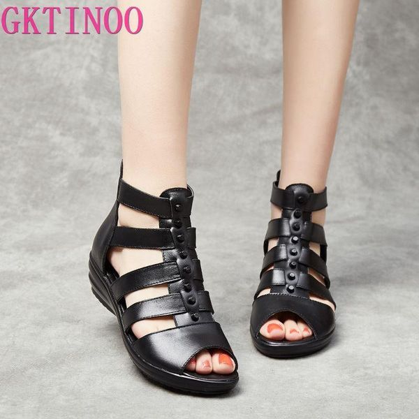 

plus size 35-43 genuine leather gladiator sandals women 2021 summer shoes zipper peep toe elegant black ladies dress
