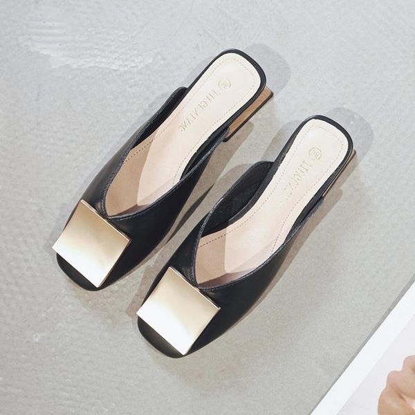 

designer women mules pumps trend square buckle wooden block elegant office party ladies casual shoes summer slippers, Black