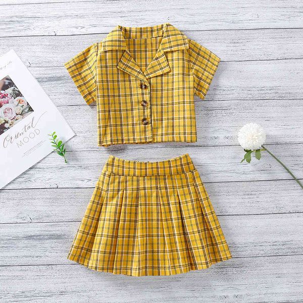 Vestiti per ragazze Set Abbigliamento estivo per bambini Stile college Risvolto Top manica corta + Gonna corta Tuta bambina 2 pezzi 210515