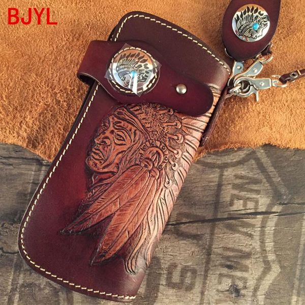 

wallets handmade wallet men's long zipper leather retro clutch bag card holder purse cellphone foreskin carved original, Red;black