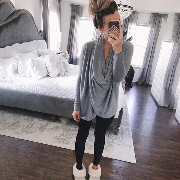 

women's t-shirt women casual long sleeve t shirt irregular style cross collar v-neck soft solid color female pullover, White