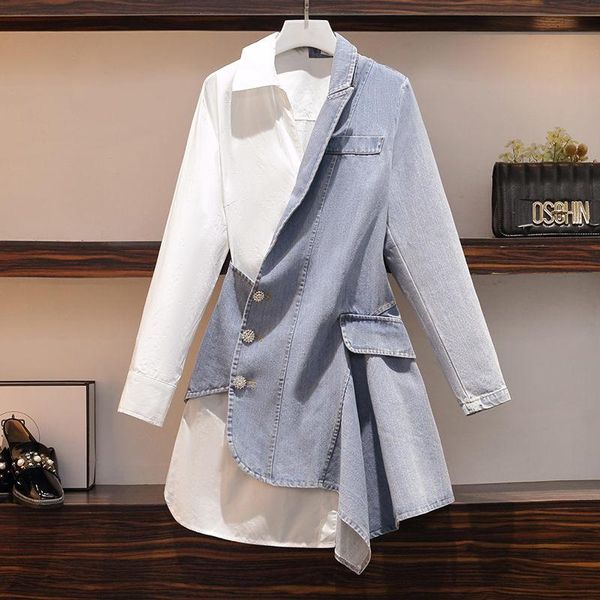 

casual dresses deat 2021spring korean irregular tight long sleeve stitching denim dress slimming plus size women's clothing sj706, Black;gray