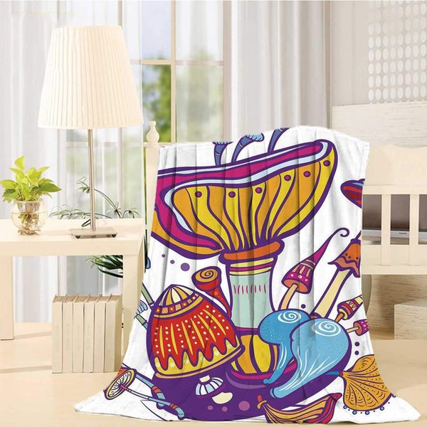 

Mushroom Durable Print Blanket,Different Kinds of Mushrooms with Ethnic Motifs Colorful Botanical Nature Figures for Bedroom,