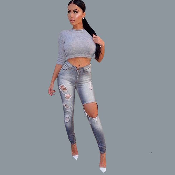 

women skinny ripped hole jean mid waist lady casual slim fit long pants female trousers, Blue
