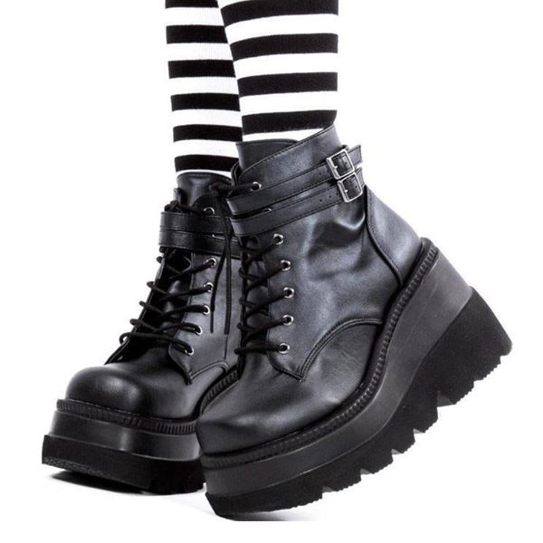 

boots brand female zipper buckle high wedges luxury ankle shoes punk gothic platform women stylish thick bottom, Black