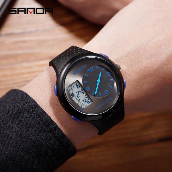 

wristwatches sanda sports military led men's watches waterproof double display digital quartz wristwatch for male clock black blue relo, Slivery;brown