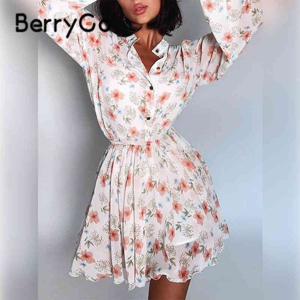 

berrygo ruffled vintage print white summer dress women elegant long sleeve lapel midi lace up spring slim shirt es 210513, Black;gray