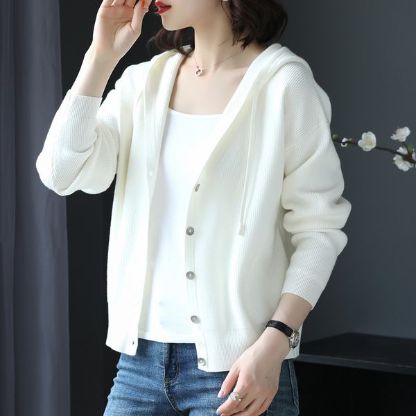 

women's sweaters autumn casual hooded thin knitted single breasted sweater female loose cardigans coat new ladies solid outerwear, White;black