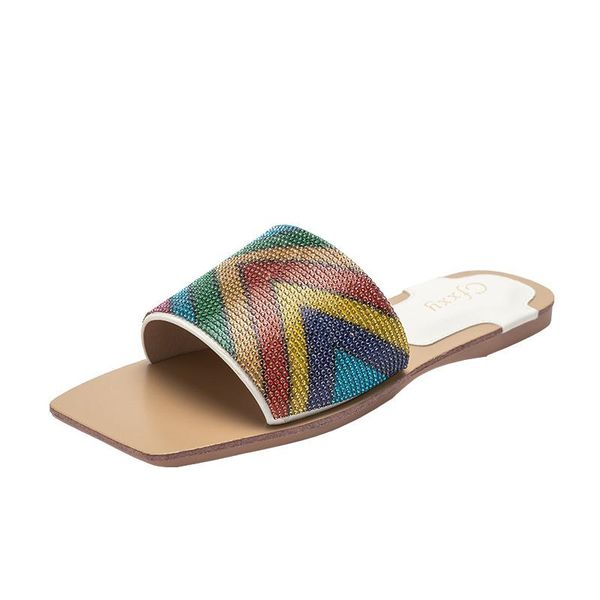 

women slippers summer square toe female color matching bling flat slides causal lady heel flip flops shoes, Black