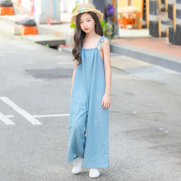

girls' summer pure casual lace up jumpsuit blue middle school kids' wide leg pants, Black;white